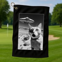 A cat taking a selfie with a ufo spaceship funny pun meme Golf Towel