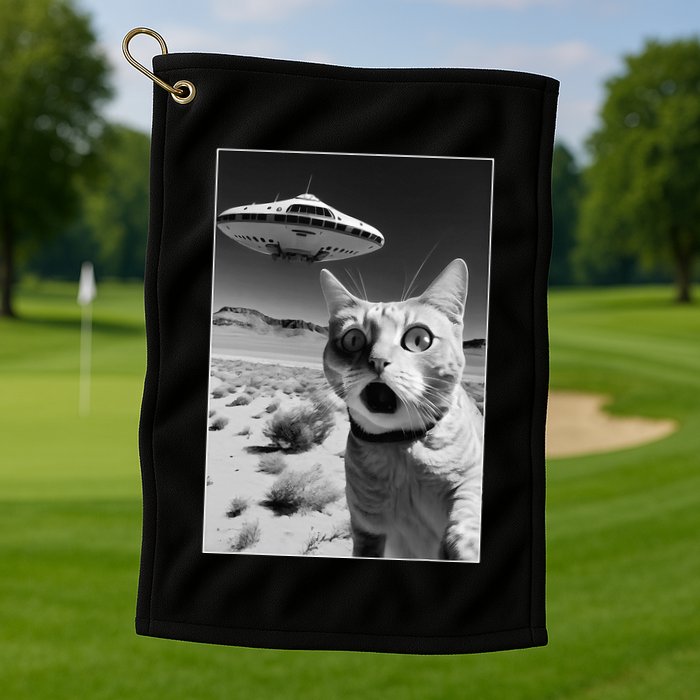 A cat taking a selfie with a ufo spaceship funny pun meme Golf Towel