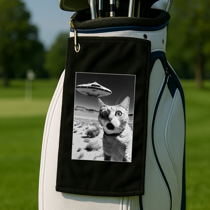 A cat taking a selfie with a ufo spaceship funny pun meme Golf Towel