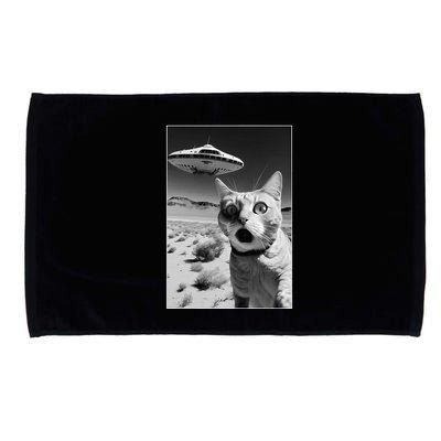 A cat taking a selfie with a ufo spaceship funny pun meme Microfiber Hand Towel
