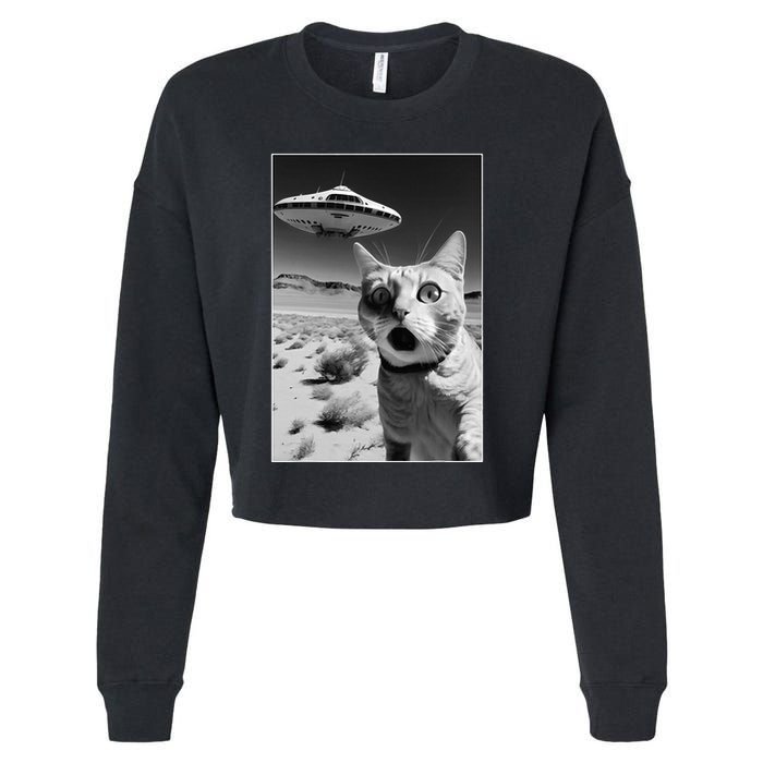 A cat taking a selfie with a ufo spaceship funny pun meme Cropped Pullover Crew