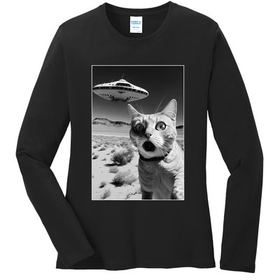 A cat taking a selfie with a ufo spaceship funny pun meme Ladies Long Sleeve Shirt