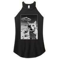 A cat taking a selfie with a ufo spaceship funny pun meme Women's Perfect Tri Rocker Tank
