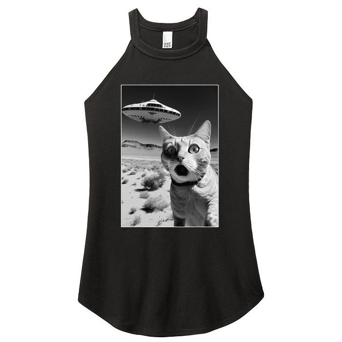 A cat taking a selfie with a ufo spaceship funny pun meme Women's Perfect Tri Rocker Tank