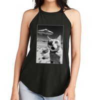 A cat taking a selfie with a ufo spaceship funny pun meme Women's Perfect Tri Rocker Tank