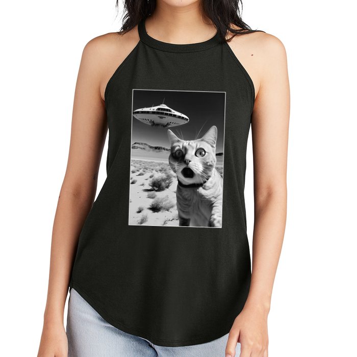 A cat taking a selfie with a ufo spaceship funny pun meme Women's Perfect Tri Rocker Tank