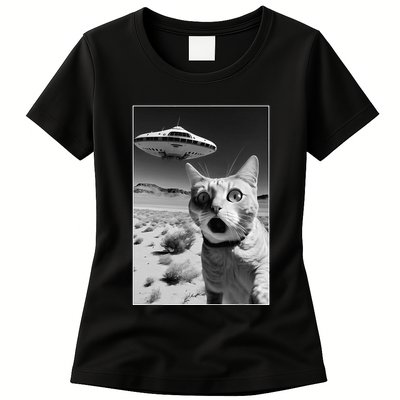 A cat taking a selfie with a ufo spaceship funny pun meme Womens T-Shirt