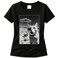 A cat taking a selfie with a ufo spaceship funny pun meme Womens T-Shirt