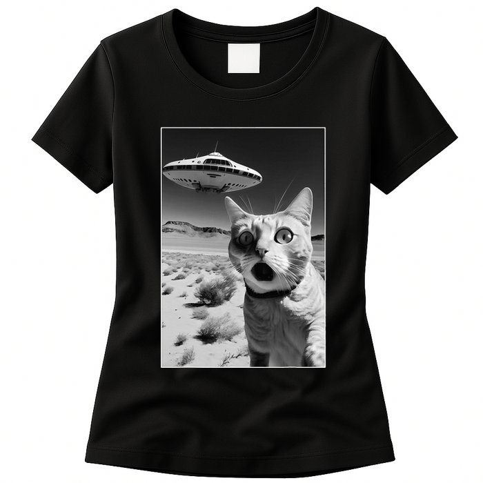 A cat taking a selfie with a ufo spaceship funny pun meme Womens T-Shirt