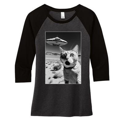 A cat taking a selfie with a ufo spaceship funny pun meme Women's Tri-Blend 3/4-Sleeve Raglan Shirt