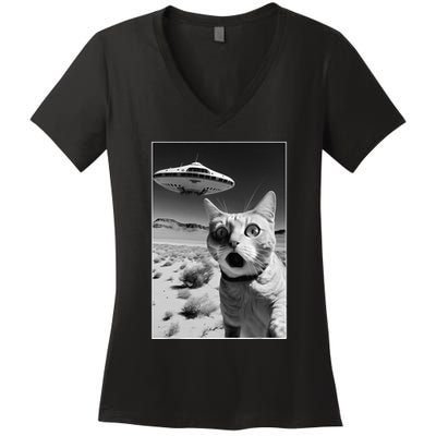 A cat taking a selfie with a ufo spaceship funny pun meme Women's V-Neck T-Shirt