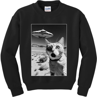 A cat taking a selfie with a ufo spaceship funny pun meme Kids Sweatshirt