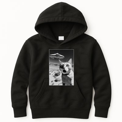 A cat taking a selfie with a ufo spaceship funny pun meme Kids Hoodie