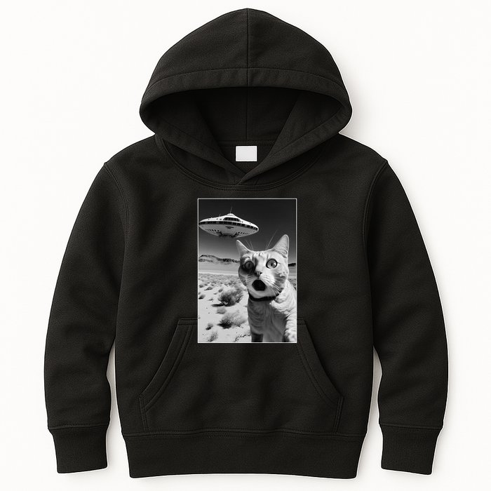 A cat taking a selfie with a ufo spaceship funny pun meme Kids Hoodie