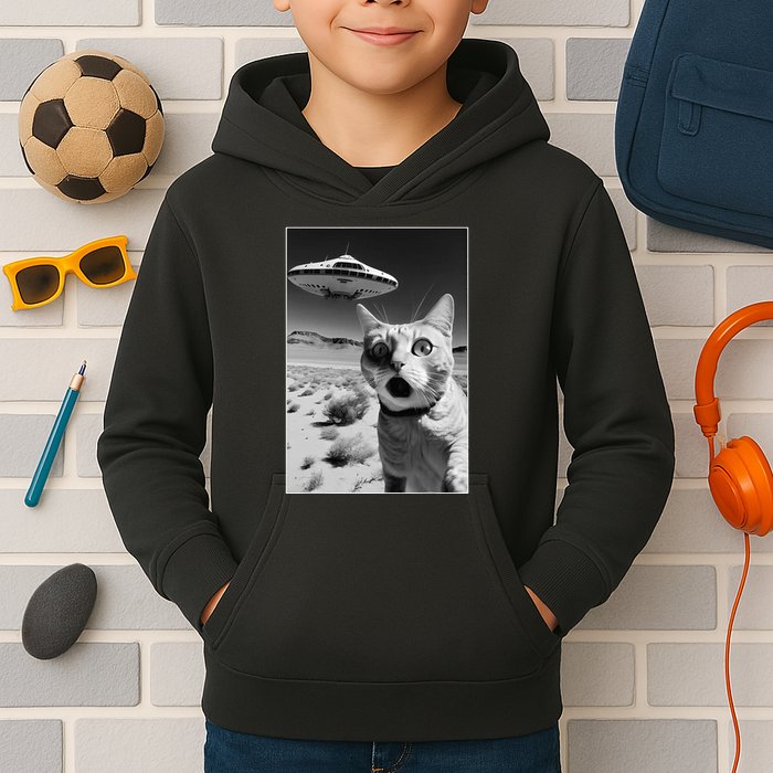 A cat taking a selfie with a ufo spaceship funny pun meme Kids Hoodie