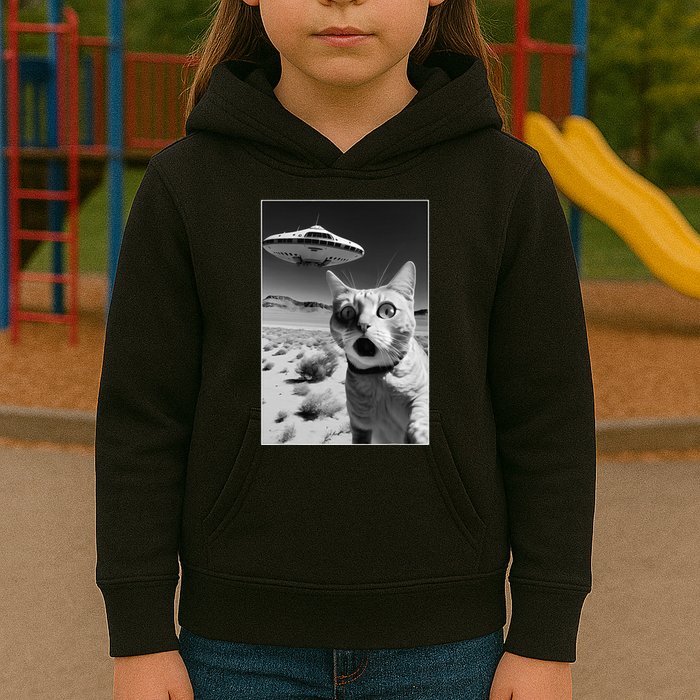 A cat taking a selfie with a ufo spaceship funny pun meme Kids Hoodie