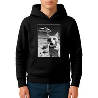 A cat taking a selfie with a ufo spaceship funny pun meme Kids Hoodie