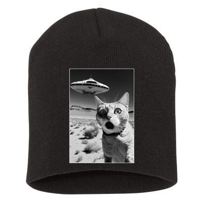 A cat taking a selfie with a ufo spaceship funny pun meme Short Acrylic Beanie
