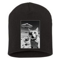 A cat taking a selfie with a ufo spaceship funny pun meme Short Acrylic Beanie