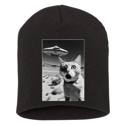 A cat taking a selfie with a ufo spaceship funny pun meme Short Acrylic Beanie