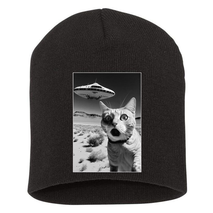 A cat taking a selfie with a ufo spaceship funny pun meme Short Acrylic Beanie