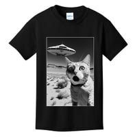 A cat taking a selfie with a ufo spaceship funny pun meme Kids T-Shirt