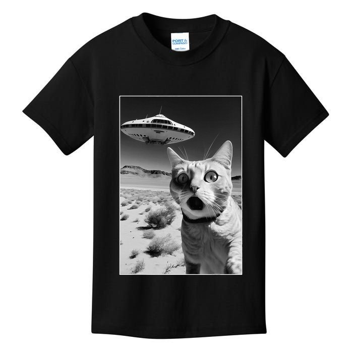 A cat taking a selfie with a ufo spaceship funny pun meme Kids T-Shirt