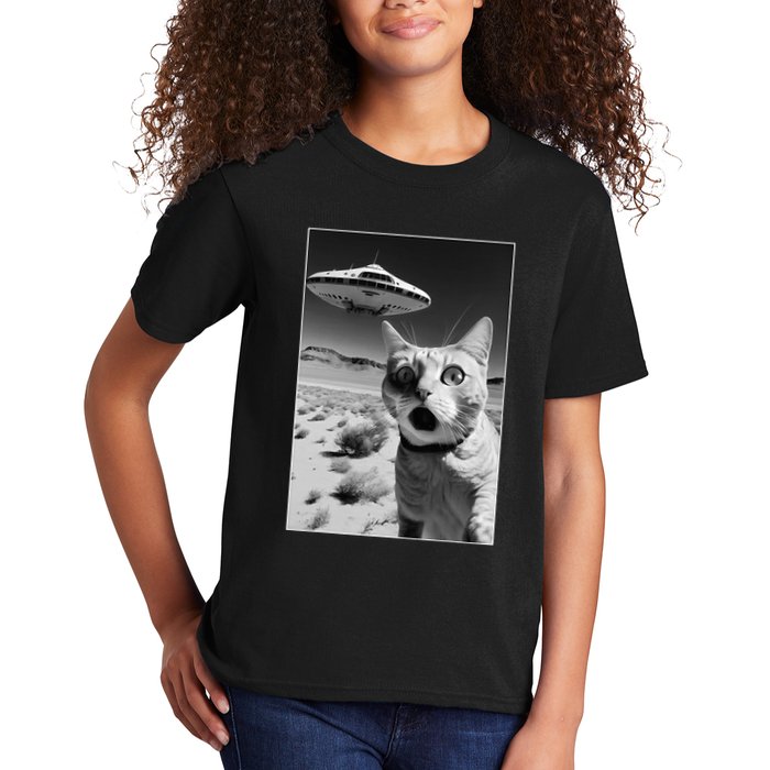 A cat taking a selfie with a ufo spaceship funny pun meme Kids T-Shirt