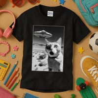A cat taking a selfie with a ufo spaceship funny pun meme Kids T-Shirt