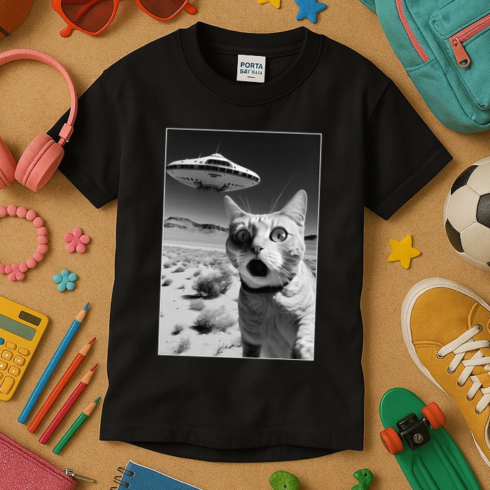 A cat taking a selfie with a ufo spaceship funny pun meme Kids T-Shirt