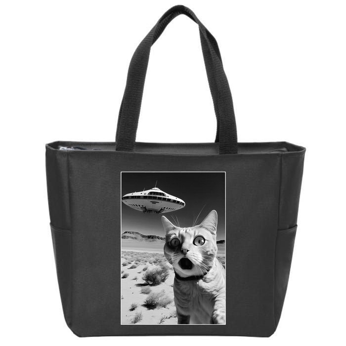 A cat taking a selfie with a ufo spaceship funny pun meme Zip Tote Bag