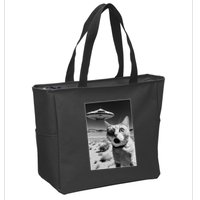 A cat taking a selfie with a ufo spaceship funny pun meme Zip Tote Bag