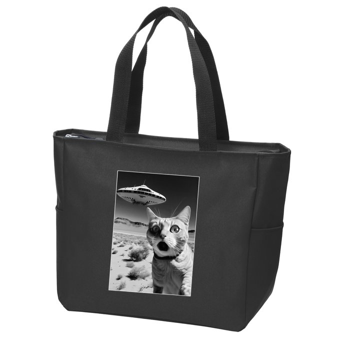 A cat taking a selfie with a ufo spaceship funny pun meme Zip Tote Bag