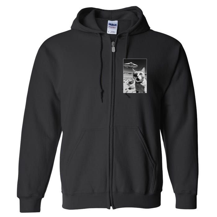 A cat taking a selfie with a ufo spaceship funny pun meme Full Zip Hoodie