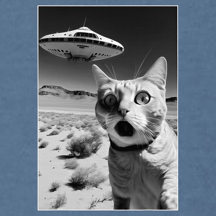 A cat taking a selfie with a ufo spaceship funny pun meme Garment-Dyed Sweatshirt
