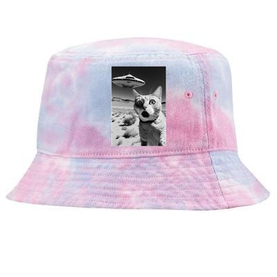 A cat taking a selfie with a ufo spaceship funny pun meme Tie-Dyed Bucket Hat