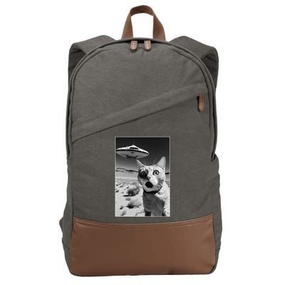 A cat taking a selfie with a ufo spaceship funny pun meme Cotton Canvas Backpack