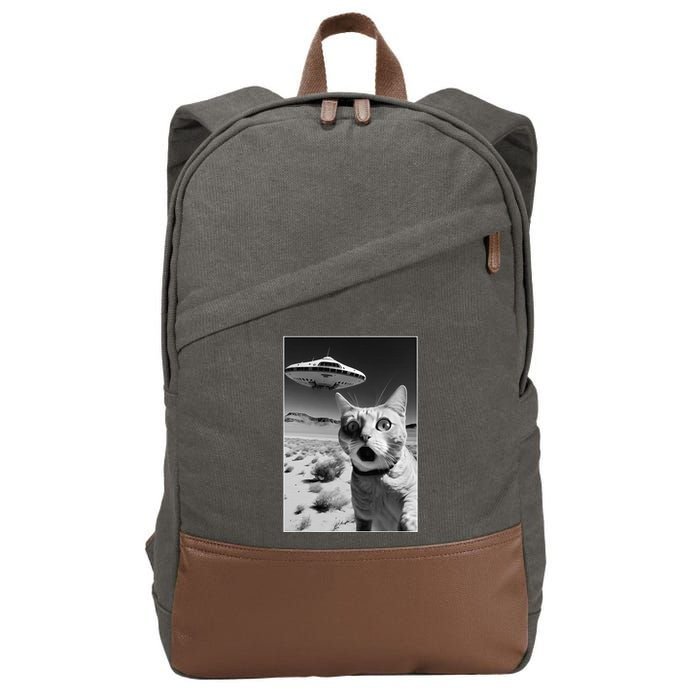 A cat taking a selfie with a ufo spaceship funny pun meme Cotton Canvas Backpack