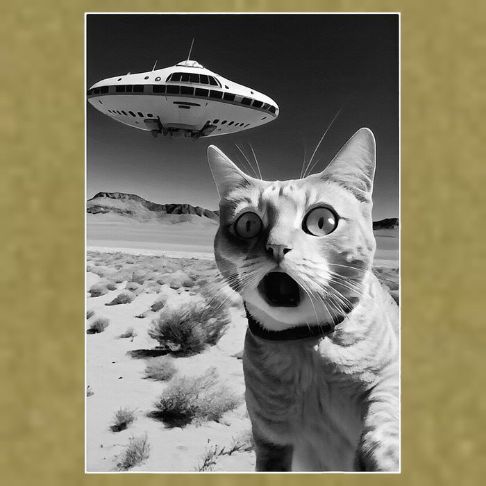 A cat taking a selfie with a ufo spaceship funny pun meme Garment-Dyed Women's Muscle Tee