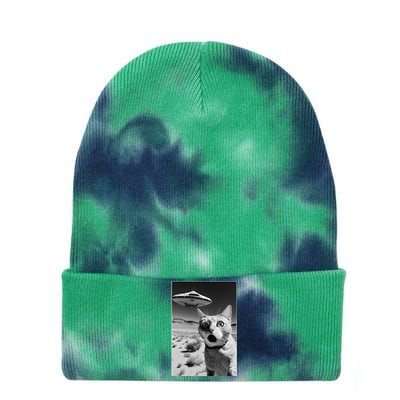 A cat taking a selfie with a ufo spaceship funny pun meme Tie Dye 12in Knit Beanie