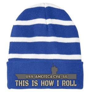 Aircraft Carrier Uss America Cvagift66 Warship Veteran Father Gift Striped Beanie with Solid Band