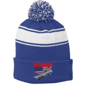 Aircraft Carrier Uss Midway Usa Flag Veteran Grandpa Dad Son Gift Stripe Pom Pom Beanie