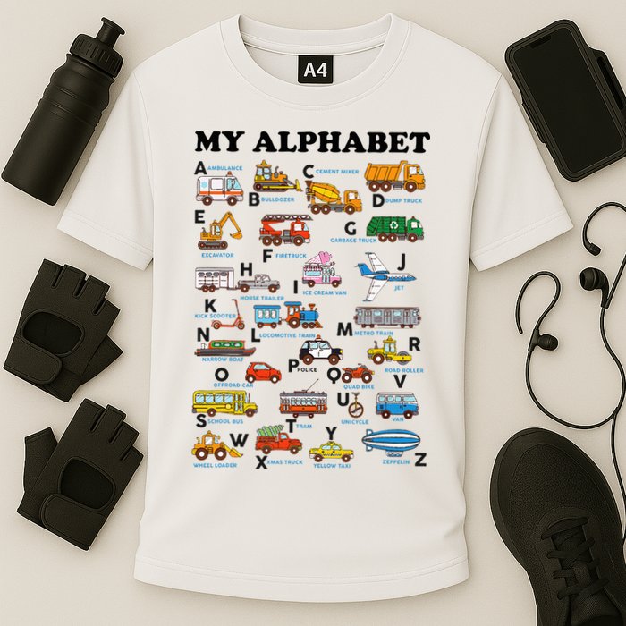 Alphabet Construction Vehicles Abc Learning Teaching Performance Shirt