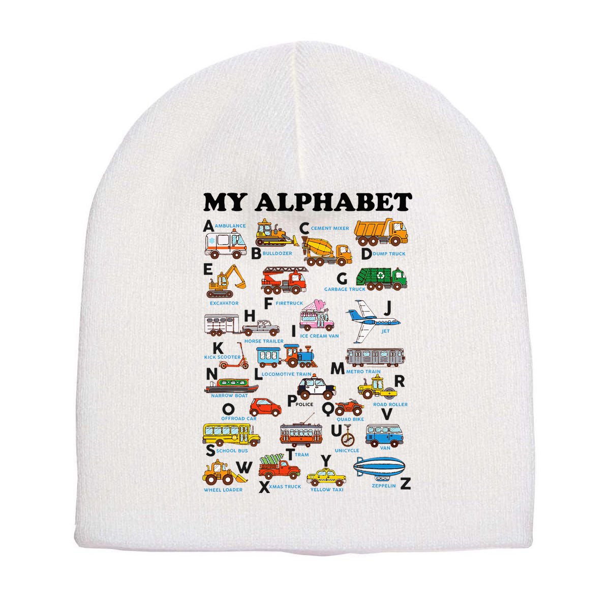 Alphabet Construction Vehicles Abc Learning Teaching Short Acrylic Beanie