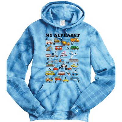 Alphabet Construction Vehicles Abc Learning Teaching Tie Dye Hoodie