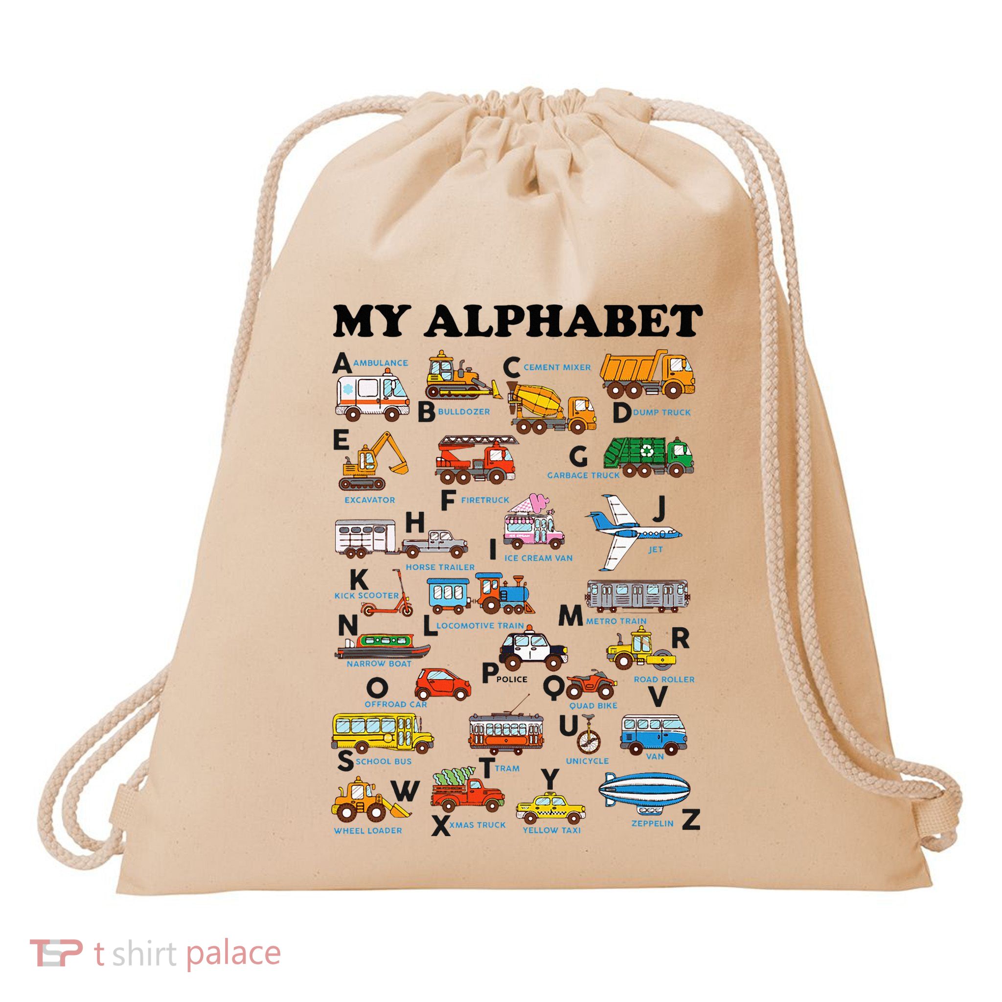 Alphabet Construction Vehicles Abc Learning Teaching Drawstring Bag