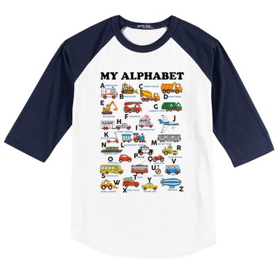 Alphabet Construction Vehicles Abc Learning Teaching Baseball Sleeve Shirt