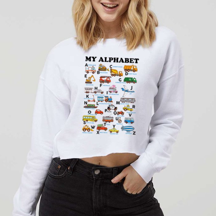 Alphabet Construction Vehicles Abc Learning Teaching Cropped Pullover Crew