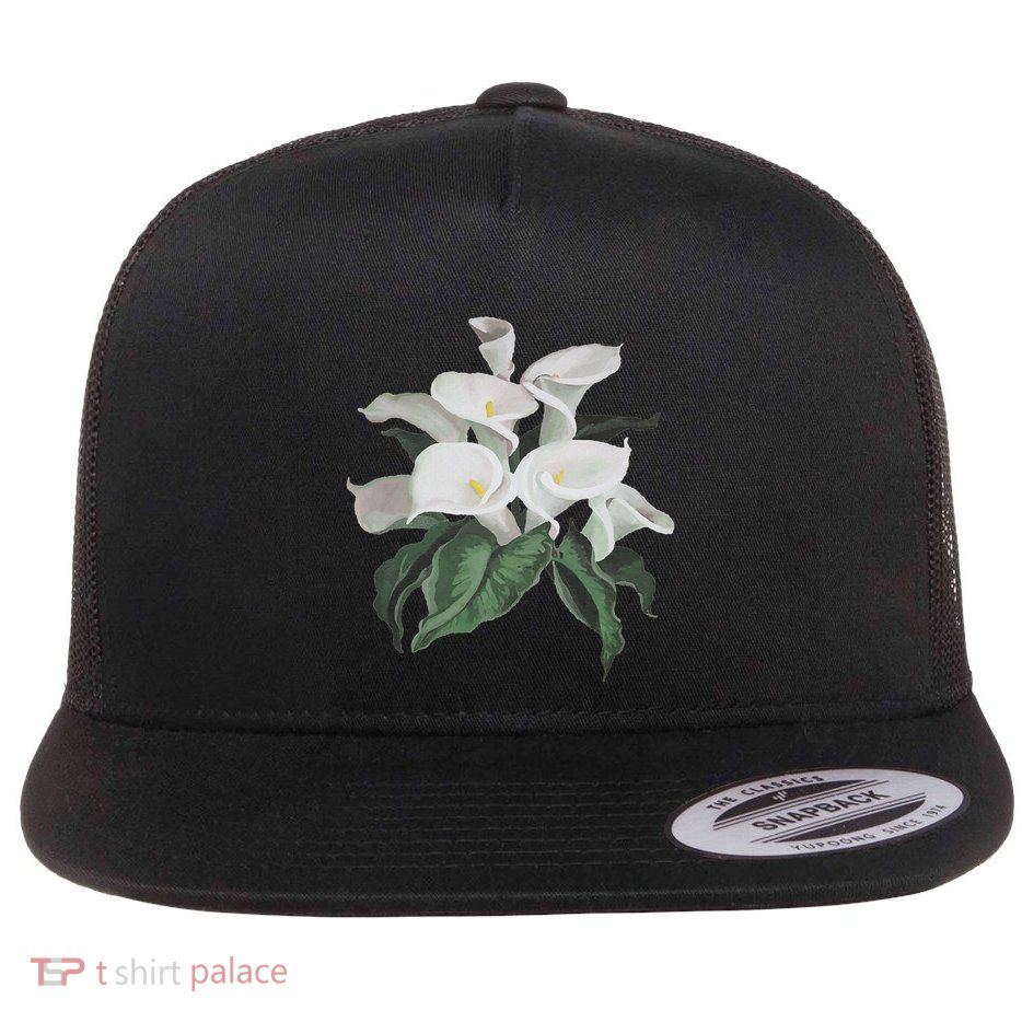 Artistic Cream White Calla Lilies Bouquet Isolated Flat Bill Trucker Hat