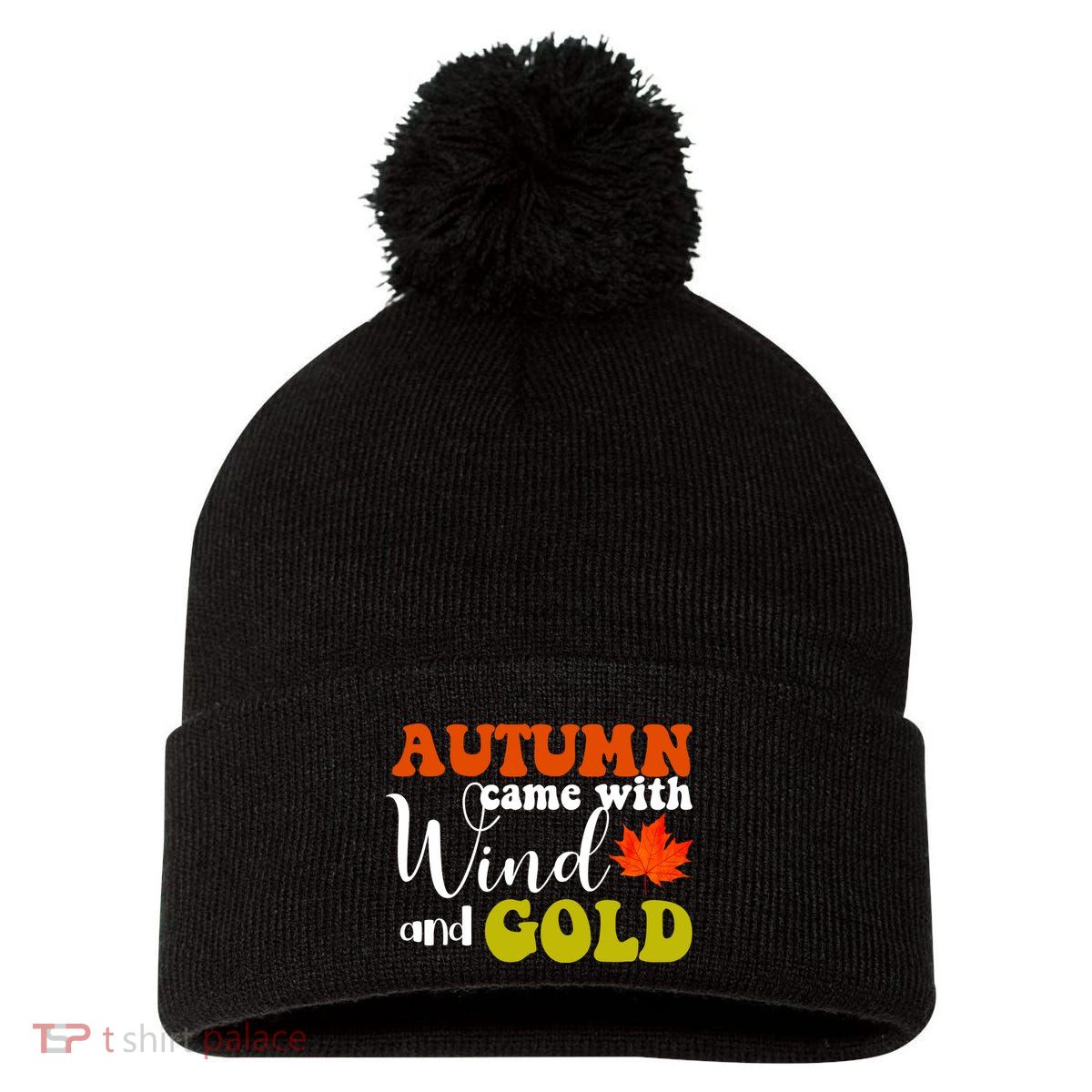 Autumn Came With Wind And Gold Pom Pom 12in Knit Beanie
